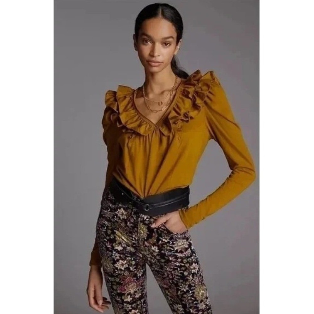 Anthropologie Women's Ruffled V-Neck Top Burnished Gold Long Sleeve Medium